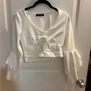 3/$15 White Lace-Up Ruffle Sleeve Crop Top